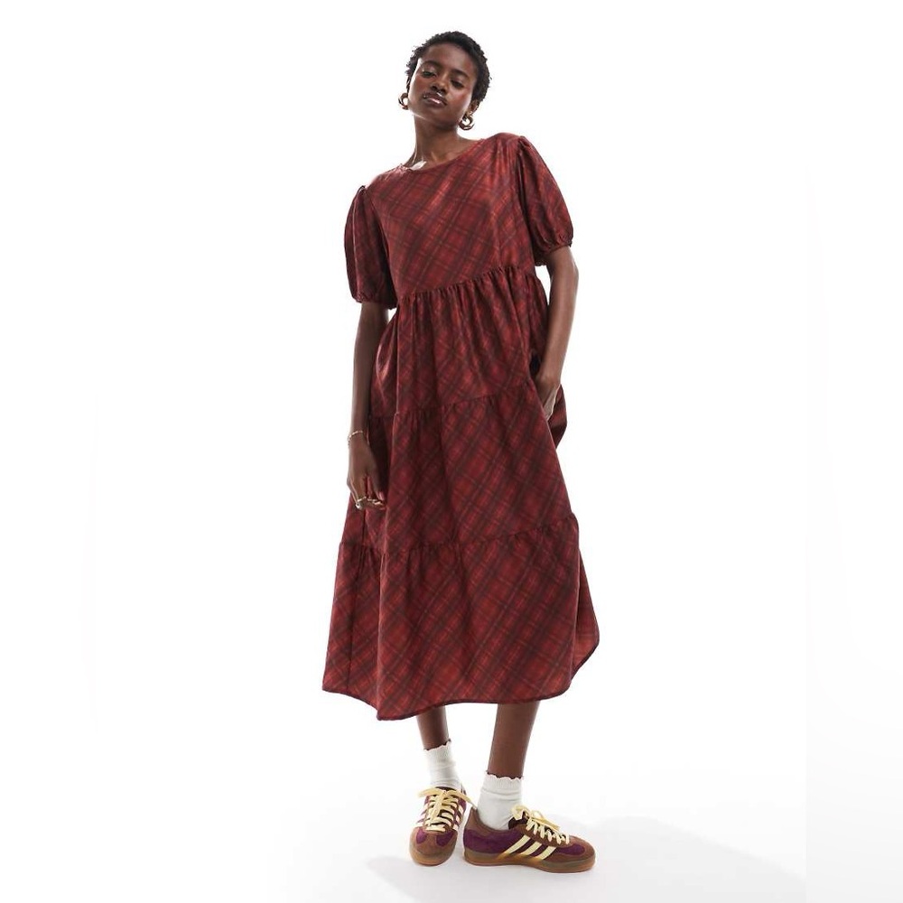 Daisy Street ASOS Red Patterned Women's Short Sleeve Midi Tiered Dress size L